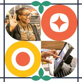 Collage featuring a smiling budtender at The Living Room Dispensary making a hand gesture, another budtender checking out a customer on a tablet, and abstract orange and yellow graphics.