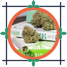 Close-up of cannabis buds and a pre-roll resting on books about cannabis, framed by decorative orange and green graphics.