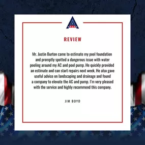 Spotting issues before they become problems is what American Standard Foundation Repair does best! We're thrilled to hear that Justin was able to identify and address potential hazards around Jim's pool foundation. Providing quick estimates and valuable advice is all part of our commitment to excellent service. Thank you for the recommendation, Jim!