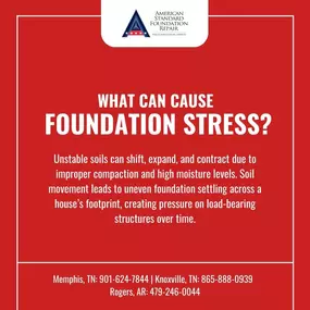 Did you know unstable soils can lead to foundation stress? Shifting, expanding, and contracting soils due to improper compaction and moisture can cause uneven settling, putting pressure on your home's structure. Keep an eye on your foundation and contact American Standard Foundation Repair if you notice any stress!