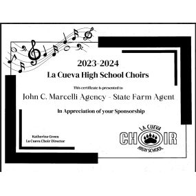 ????????At John C. Marcelli State Farm, we are honored to be a proud sponsor of La Cueva High School Choirs. 
Supporting the arts and the talented students in our community is a privilege we deeply value. We look forward to witnessing their continued growth and success! ????????