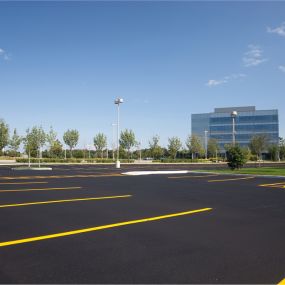 Parking lot with fresh yellow line striping and asphalt pavement resurfacing.