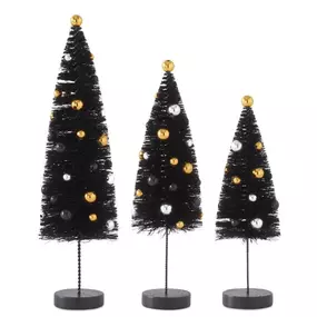 Elevate your holiday decor with our set of 3 black bottle brush trees on spindles. These sleek, modern trees add a dramatic touch to your seasonal display, perfect for creating a stylish and eye-catching arrangement.