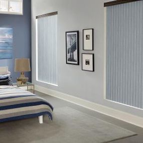 Sleep easy in a cool, dark room. These stunning Vertical Blinds  keep wandering eyes and neighborhood lights out so you can wind down in peace.  #BudgetBlindsParamusWestwood  #VerticalBlinds #BlindedByBeauty  #FreeConsultation #WindowWednesday