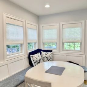 Love it when it all comes together. White woven woods for this kitchen nook