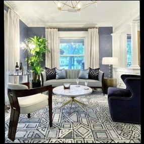 We are in love with this room...the carpet, the couch, chairs, wall color and of course the window treatments. Designer Dana Mole Flynn nailed it. We love working with her and seeing all of her incredible spaces. #BudgetBlindsParamusWestwood #CustomDrapes #DraperyHardware #FreeConsultation