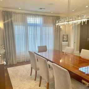 Double track drapery is a gorgeous look for any dining room. This was a fabulous job we worked on with designer Ryan Day.