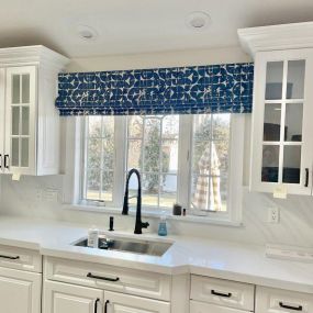 This navy fabric is perfect for this gorgeous kitchen. We worked with Ryan Day to find the perfect fabric.