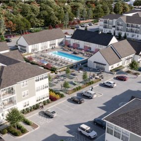 an aerial view of Seasons at Meridian Apartments with a swimming pool in the center