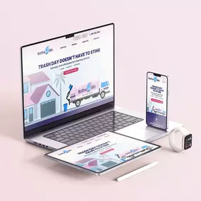 Bathe a Bin LLC is a trash- and recycling-bin cleaning service based in Sarasota, FL. Logo, branding, web design, and marketing by Dinko Design of Sarasota, FL.
