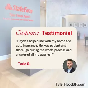 It's #ReviewTuesday! Today, we are talking about Hayden! Hayden is passionate about helping our customers achieve their insurance goals while developing long-lasting insurance relationships. Thank you for the review, Tariq!