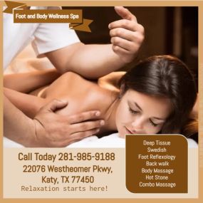 Massage techniques are commonly applied with hands, fingers, 
elbows, knees, forearms, feet, or a device. 
The purpose of massage is generally for the treatment of 
body stress or pain.