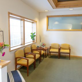 A tranquil waiting room where your comfort comes first, complete with warm touches of nature.