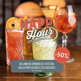 Happy hour
Du lundi au vendredi de 17h à 00h