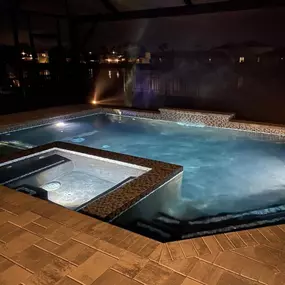 Pool and spa LED lighting at night