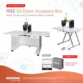 For a limited time, receive a FREE Sit-Down Accessory Box when you purchase any BERNINA USA Q Series on a table or cabinet! https://bit.ly/3WH4LCh
Visit us today to learn more and shop.
Offer ends August 31, 2024.