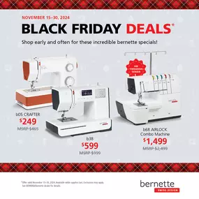 Unleash your creativity with bernette! ✨ https://bit.ly/48Ox2ex
Take advantage of special savings on select bernette USA models until the end of the month! Visit us in store or online to learn more and purchase. Hurry, these fantastic deals end November 30, 2024.
#berninadealer #bernette #madetocreate #weallsew