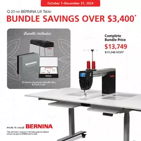 Don't miss out on our exclusive offer! Save big on the Q 20 on BERNINA Lift Table until the end of the year. Visit or contact us today to take advantage of this deal!
Offer ends December 31, 2024.