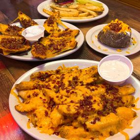 Tater Skins, Cheese Fries, Loaded Baked Potato, and Cheeseburger