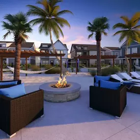 Pool side fire pit and seating area.