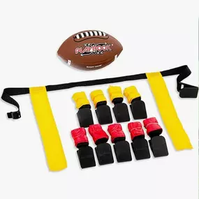 ALL IN ONE SET: With two sets of (5) colored flags and the mini football, this set has everything you need for 10 players to get outside and get the game started!
PERFECT FOR KIDS JUST LEARNING THE GAME: With route diagrams and an easy grip cover so kids can learn to pass and receive with ease.
TEAR AWAY BELT: The easy tear-away belts are simple to put on and use. Simply grab the runners belt and pull, and the tear-away belt will come off completely to stop play. Once you're ready for the next d