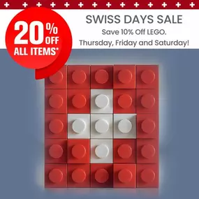 ????????Celebrate Swiss Days with our end-of-season sale! 20%* off the entire store and 10% off LEGO. Exclusions may apply.