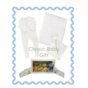 Einstein’s Attic loves wrapping and helping you to create the most beautiful baby gifts. I’m not sure there’s anything more sweet than a classic white baby gift !
This one was under $100