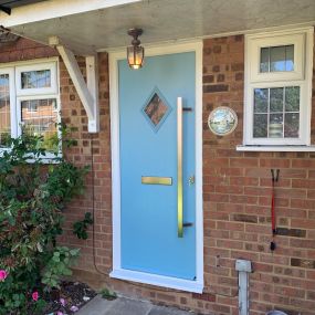 Doorteck composite front door with windows in duck egg blue