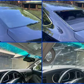 This image showcases two completed auto glass projects by First Class Auto Glass in Mooresville, NC. The top shows a before and after of a back window replacement, while the bottom illustrates a windshield replacement. First Class Auto Glass offers free mobile services and lifetime warranties on all replacements. Services available in Mooresville, Statesville, Denver, and surrounding areas.