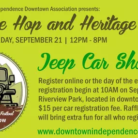 We are sponsoring the first Jeep Show at The Hope and Heritage Festival with the Independence Downtown Association

If you'd like to join the jeep show, please register with the following link: www.downtownindependence.com/jeep

It's going to be fun!