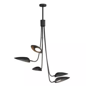 Drawing the outdoors in, the inspiration for this piece combines iconic modern lighting with biophilic forms. Long slender armatures descend in organic slopes to domed, ovoid shades that appear leaf-like. Finished in Matte Black the collection features coordinating low voltage garden lights that blend into outdoor spaces while providing useful illumination.