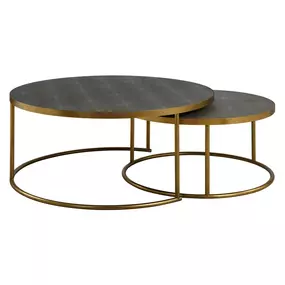 This Set Of Two Functional Nesting Tables Are Constructed With Metal Bases Finished In An Antique Burnished Brass With Faux Gray Shagreen Wrapped Tops.