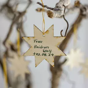 Ein Erinnerungsstern mit dem Namen einer Verstorbenen hängt an einem Ast. Das Foto symbolisiert Erinnerung, Würde und das Weitertragen von Geschichten.