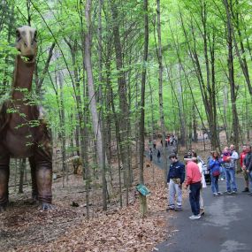 people near dinosaur at theme park