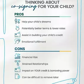 Co-signing a mortgage for your child can be both beneficial and challenging. Before you decide, it's crucial to think about how it could affect your finances and relationship with your child. Here are some things to keep in mind.

Reach out today to learn more!