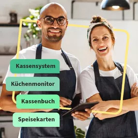 Zwei strahlende Gastronomen zeigen, wie einfach digitales Arbeiten mit Gastronovi ist: Kassensystem, Küchenmonitor, Kassenbuch & Speisekarten – alles in einer Lösung für mehr Effizienz, weniger Stress und glückliche Gäste.
