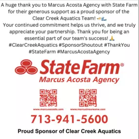 Thank you, Clear Creek Aquatics Team, for the kind shoutout! We're proud to support such a dedicated group and be part of your journey. Here's to continued success in and out of the water! ????‍♂️✨ #ClearCreekAquatics #ProudSponsor #StateFarm