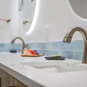 Bathroom vanity with two sinks - close up view