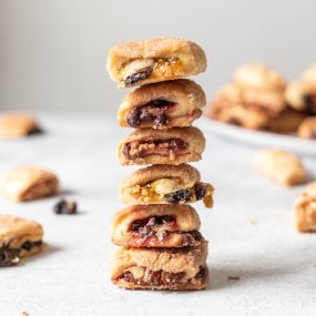 A taste of tradition! Enjoy an assortment of rugelach pastries with various delicious fillings, crafted with love.