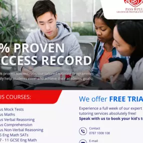 Pass 11 Plus Grammar offers comprehensive tutoring tailored to help students excel in 11 Plus exams and beyond. Our programs cover key subjects like English, Maths, Verbal, Creative Writing & Non-Verbal Reasoning, SATs, A Level, and GCSE prep.

Try a Free Week!
Experience expert, personalized tutoring with no obligation. Sign up for a free trial today and give your child the support they need to succeed.