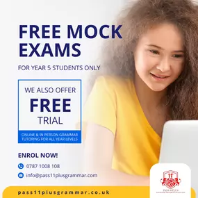 We are excited to offer a free mock exam and review for Year 5 students on January 11th, 18th & 25th, 2025. Students can book one of the available days for their exam. The exams can be taken either online or In-person at our centre:  
???? 208 Pass 11 Plus
Beech House, 
1a GreenField Crescent,
Edgbaston,
Birmingham,
B15 3BE
Please share this opportunity with your friends and family! If you'd like to book Creative Writing, it is optional and paid, and can be reserved through the same link.
⏳ Seat