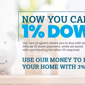 The rumors are true: Homeownership just got 2% easier! With Preferred Rate's 1% Home program, you can buy a home with a 1% down payment.

Some restrictions do apply, so make sure to consult with your local Preferred Rate Mortgage Advisor today to see if you qualify.