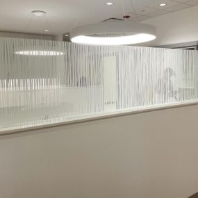 This image showcases a sleek, modern office in Tampa, Florida, featuring custom-designed decorative window films installed by Precision Safety Films.