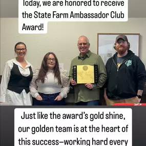 Today, we are honored to receive the State Farm Ambassador Club Award! Just like the award's gold shine, our golden team is at the heart of this success - working hard every day to provide the coverage customers need.