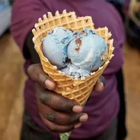 Marshmallow Sky in a waffle cone in a Ben & Jerry's ice cream shop.