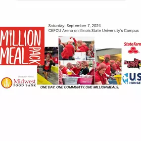 We are excited to volunteer this Saturday at the Million Meal Pack! State Farm and Illinois State University have teamed up to host the first Million Meal Pack on Saturday, September 7, from 8:30 a.m.- 6 p.m. at CEFCU Arena. There are still spots needed for you to join and volunteer too!  
https://statefarm12.regfox.com/million-meal-pack
This event will have 5,000 volunteers working alongside each other to pack and assemble one million meals that will be distributed throughout McLean County by w