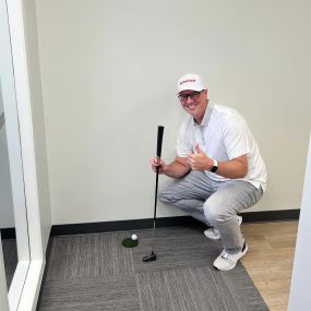 So…all summer we’ve tried to land the ball on the raised hole from about 12’. You have to have the perfect speed and direction…It’s much, much harder than you’d think! I finally beat this beastly challenge ????.  Come to our office and try!