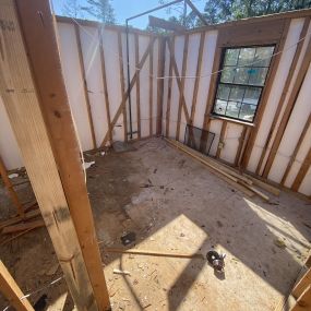 Interior demolition of this house our Team is restoring after weather damage, requires removal of existing drywall, flooring, trim, and doors, preparing the interior space for renovation.