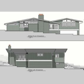 Front and left side elevation on an exciting new residential build. As per the architectural blueprints, the scope of work is a substantial addition to the south facing side of the house with a garage below and a master bedroom suite above.