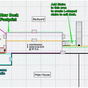 This drawing shows reconstruction of a new deck with framework, footings and support columns. Trex composite decking, Trex Signature railing, Trex Rain Escape underdeck drainage system with gutters and downspouts, plus enclosing the covered patio.